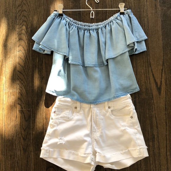 Zara Off the Shoulder Chambray Top Premium - Picture 3 of 4